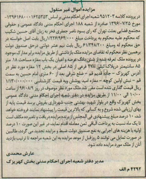 مزایده،مزایده مغازه مساحت 18 متر و 85 سانتی متر
