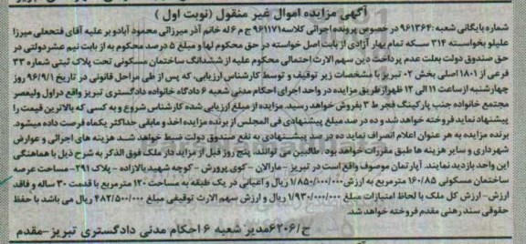 مزایده,مزایده ششدانگ ساختمان مسکونی 160.85متر