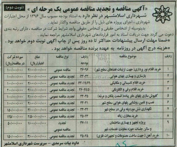آگهی مناقصه و تجدید مناقصه عمومی یک مرحله ای، مناقصه و تجدید مناقصه خرید اقلام نور پردازی ...نوبت دوم 