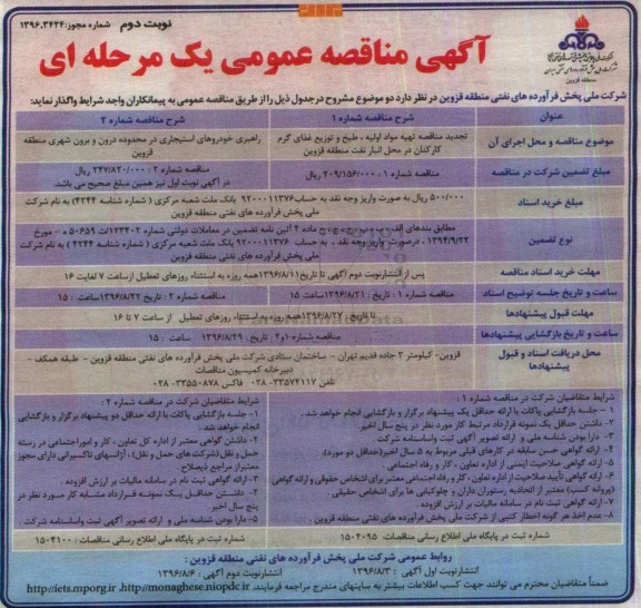مناقصه ,مناقصه تهیه مواد اولیه ، طبخ و توزیع و ... نوبت دوم 