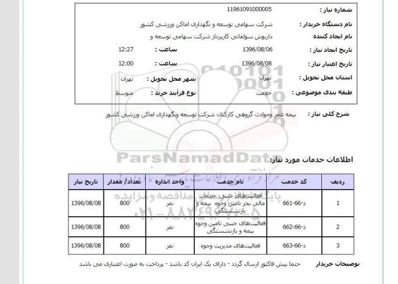 استعلام, استعلام  بیمه عمر و حوادث گروهی کارکنان شرکت