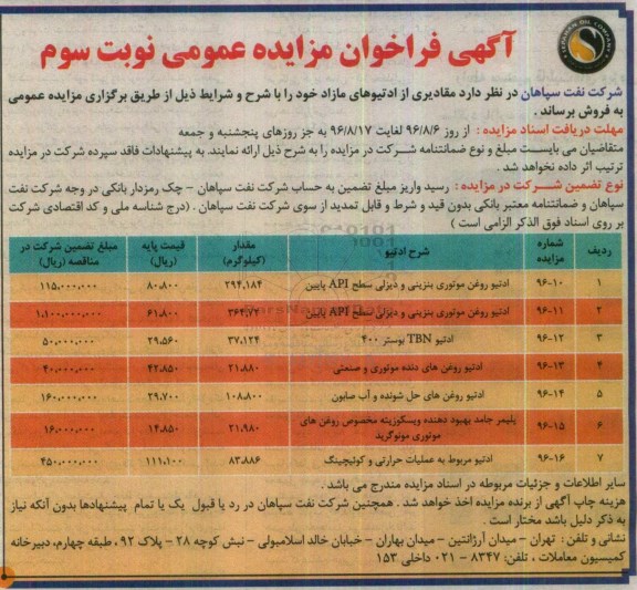 آگهی فراخوان مزایده عمومی , مزایده فروش مقادیری از ادتیوهای مازاد نوبت سوم