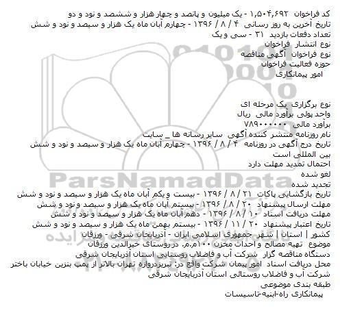مناقصه تهیه مصالح و احداث مخزن ۱۰۰م.م. در روستای خیرالدین ورزقان  