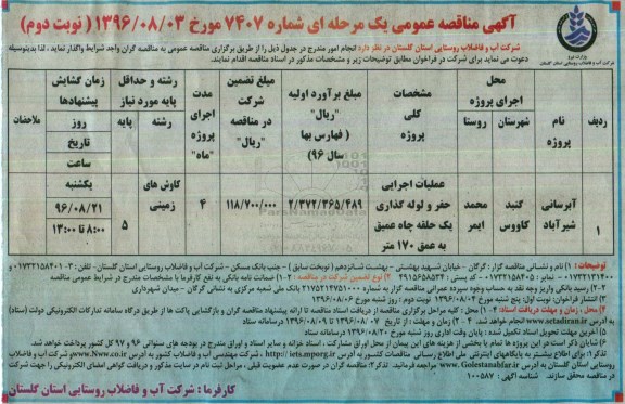 آگهی مناقصه عمومی, مناقصه آبرسانی  - نوبت دوم 