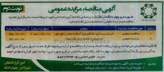 آگهی مناقصه عمومی , مناقصه اجرای زیرسازی ، لکه گیری و آسفالت معابر نواحی نوبت دوم 
