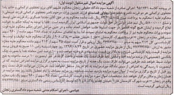 مزایده,مزایده 288 سهم مانده از 960 سهم سرقفلی مغازه