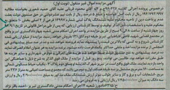 مزایده,مزایده ششدانگ پلاک ثبتی بخش ده نوبت اول