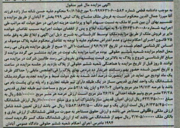 مزایده,مزایده ملک مشاع پلاک ثبتی 299 بخش سه