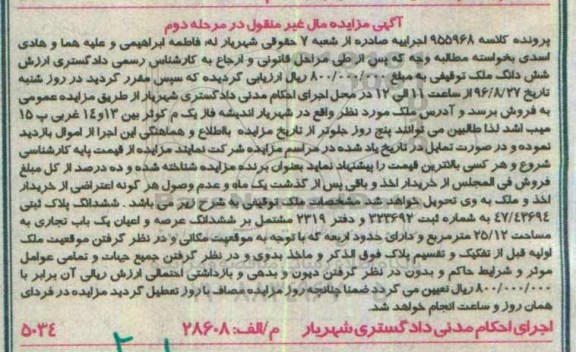 مزایده,مزایده ششدانگ پلاک ثبتی یکباب تجاری مساحت 25.12متر