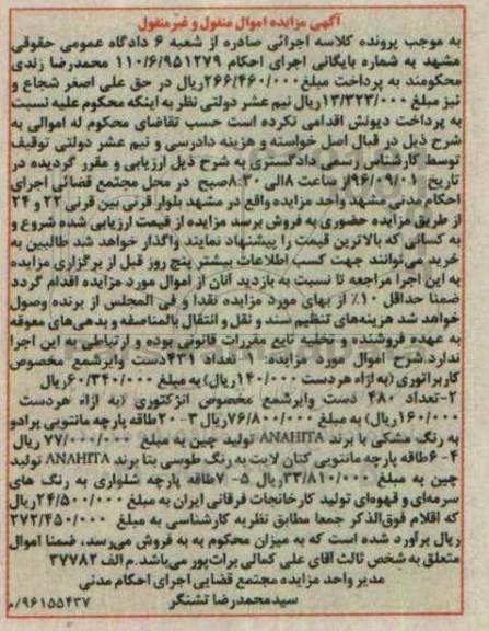 مزایده , مزایده فروش تعداد 431 دست وایر شمع و ...