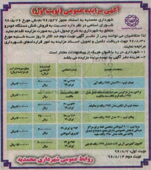 آگهی مزایده عمومی , مزایده فروش شش دستگاه خودرو 