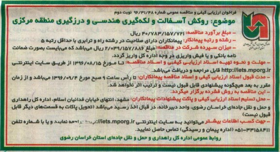فراخوان ارزیابی کیفی و مناقصه عمومی , مناقصه روکش آسفالت و لکه گیری هندسی و درزگیری محورهای منطقه نیشابور  نوبت دوم 