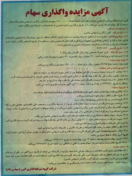 آگهی مزایده مزایده واگذاری سهام