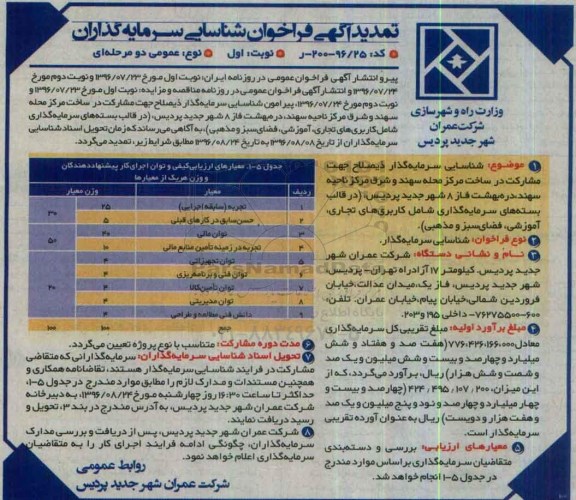 تمدید آگهی فراخوان شناسایی سرمایه گذاران، تمدید فراخوان مشارکت در ساخت مرکز محله سهند، و شرق مرکز ناحیه سهند، دره بهشت ...
