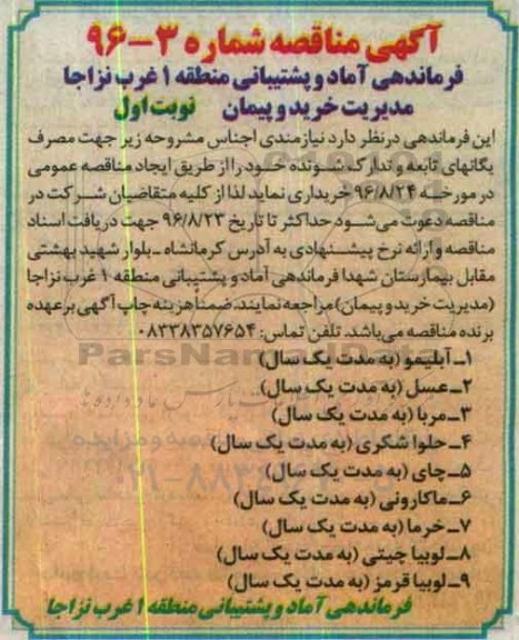 مناقصه, مناقصه آبلیمو، عسل، مربا، حلواشکری و...