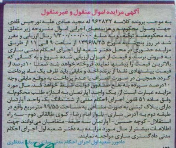 مزایده,مزایده آپارتمان مساحت 99.55متر