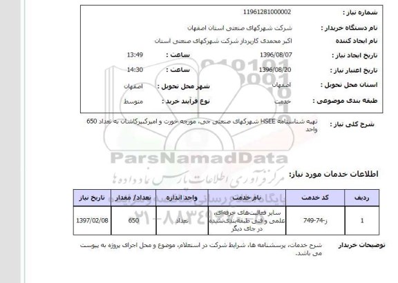 استعلام ,استعلام تهیه شناسنامه hseeشهرکهای صنعتی جی 