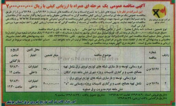 مناقصه عمومی یک مرحله ای, مناقصه نیرورسانی، توسعه و بازسازی شبکه های توزیع نیروی برق ...