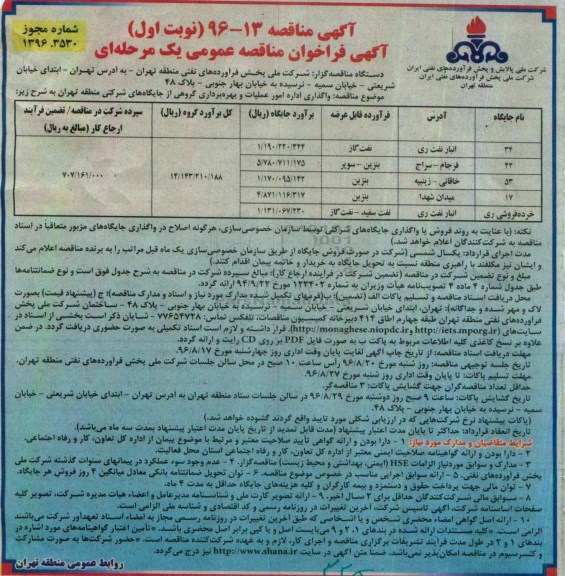 آگهی فراخوان مناقصه عمومی, فراخوان مناقصه واگذاری اداره امور عملیات و بهره برداری تعدادی از جایگاه های شرکتی