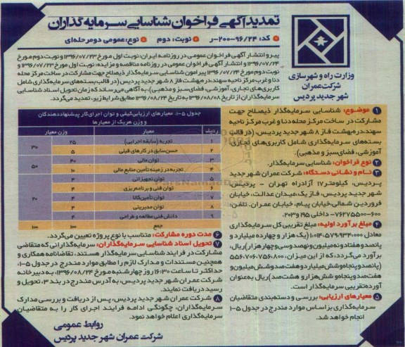 تمدید آگهی فراخوان شناسایی سرمایه گذاران، تمدید فراخوان مشارکت در ساخت مرکز محله دنا و غرب مرکز ناحیه سهند - نوبت دوم 