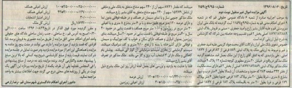 مزایده,مزایده پلاک ثبتی 1877/182/889 اصلی