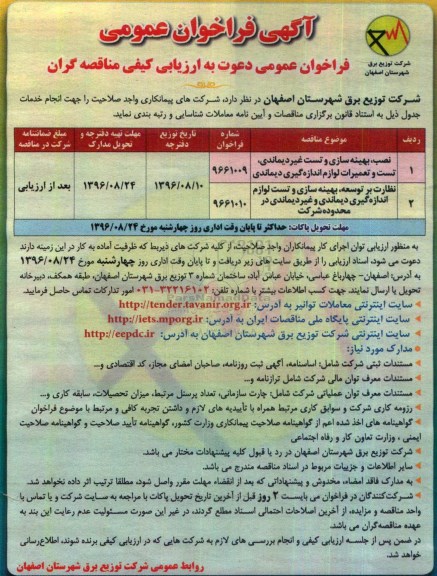 مناقصه، مناقصه فراخوان ارزیابی کیفی نصب، بهینه سازی، نظارت بر توسعه، بهینه  سازی و...
