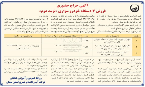 آگهی حراج حضوری، حراج حضوری فروش 3 دستگاه خودرو سواری نوبت دوم