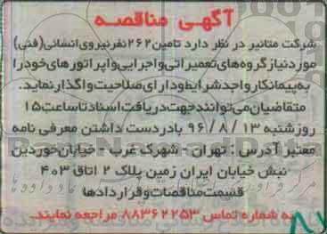 مناقصه ، مناقصه  تامین 262 نفر نیروی انسانی فنی