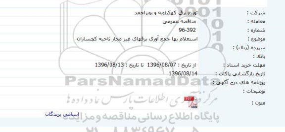 مناقصه, استعلام بها جمع آوری برقهای غیر مجاز ناحیه گچساران