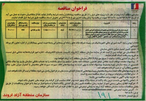 فراخوان مناقصه, مناقصه خرید، حمل، بارگیری و باراندازی تجهیزات و عملیات اجرایی 