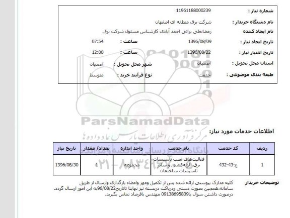 استعلام, استعلام فعالیت های نصب تاسیسات برق، لوله کشی و سایر تاسیسات ساختمان