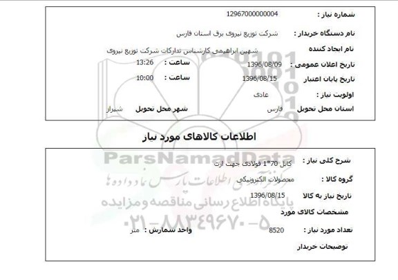 استعلام ,استعلام کابل 70*1 فولادی جهت ارت
