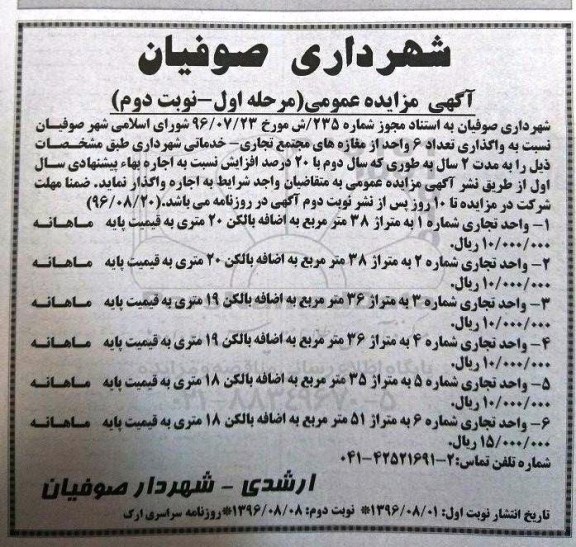 آگهی مزایده , مزایده  واگذاری تعداد 6 واحد از مغازه های مجتمع تجاری - مرحله اول نوبت دوم
