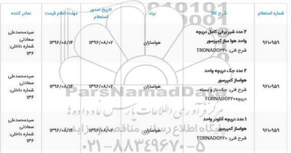 استعلام ، استعلام 2 عدد شیر برقی کامل دریچه واحد هواساز کمپرسور.....
