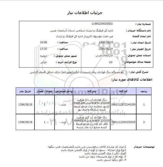 استعلام ,استعلام دو دستگاه دیگ فولادی برای تاسیسات آبگرمکن