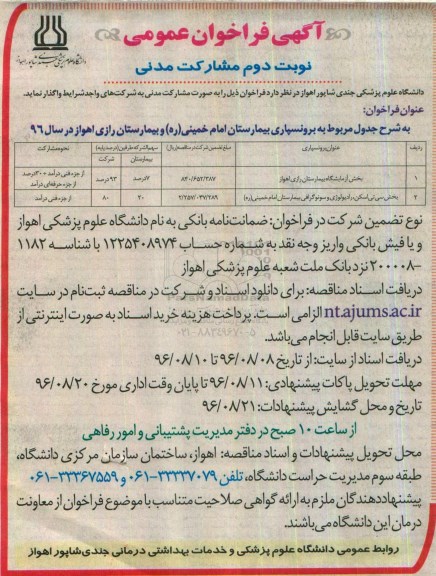 آگهی فراخوان عمومی , فراخوان بخش آزمایشگاه بیمارستان رازی اهواز نوبت دوم