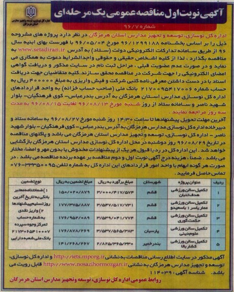 آگهی مناقصه عمومی یک مرحله ای، مناقصه ​تکمیل سالن ورزشی هدف تنبان...