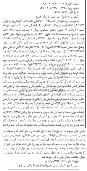 مزایده,مزایده ششدانگ 9باب آپارتمان