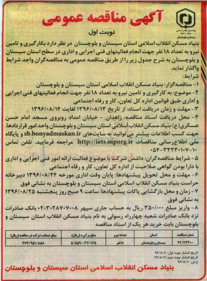 آگهی مناقصه عمومی , مناقصه  بکارگیری و تامین نیرو به تعداد 18 نفر جهت انجام فعالیتهای فنی اجرایی
