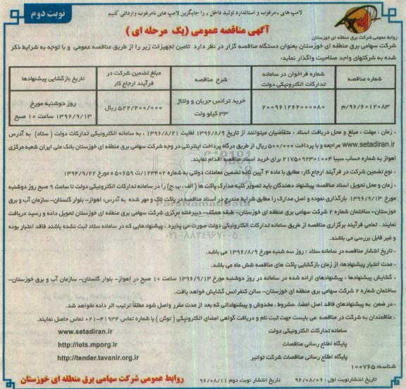 آگهی مناقصه عمومی یک مرحله ای,مناقصه خرید ترانس جریان ولتاژ 33 کیلوولت - نوبت دوم 