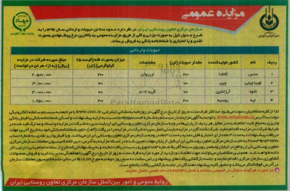 اگهی مزایده , مزایده حدود 600 تن حبوبات وارداتی