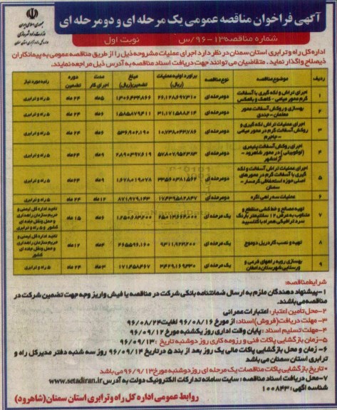 مناقصه عمومی, مناقصه اجرای تراش و لکه گیری، بهسازی و روکش، تهیه مصالح و خط کشی آسفالت و تهیه و نصب گاردریل ... 