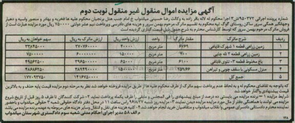 مزایده,مزایده ماترک شامل زمین زراعی.منزل مسکونی و باغ مخلوط  نوبت دوم 