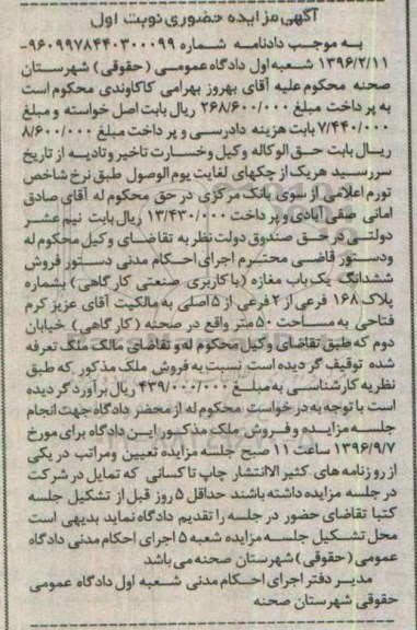 مزایده,مزایده یک باب مغازه به مساحت 50 متر
