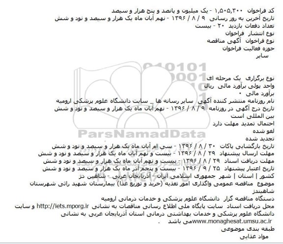 مناقصه عمومی واگذاری امور تغذیه (خرید و توزیع غذا) 