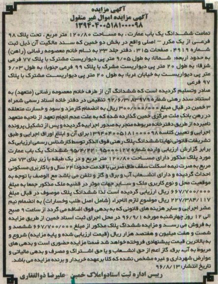 مزایده,مزایده ششدانگ عمارت مساحت 120.80متر