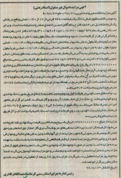مزایده,مزایده ششدانگ یکباب خانه 9480  فرعی بخش یک