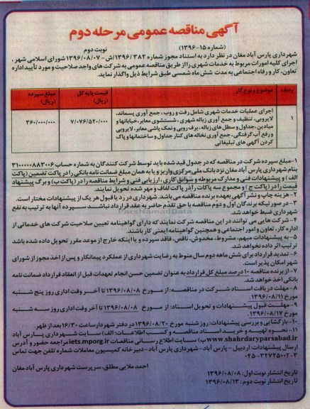 آگهی مناقصه عمومی , مناقصه اجرای عملیات خدمات شهری -نوبت دوم مرحله دوم