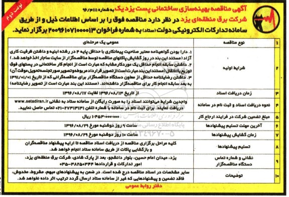 آگهی مناقصه , مناقصه بهینه سازی ساختمانی پست یزد - نوبت دوم 
