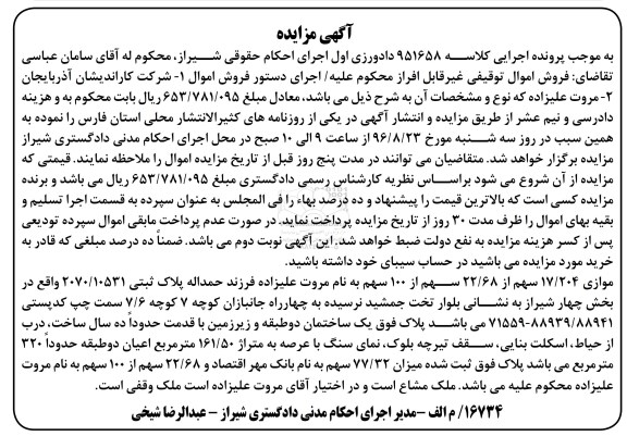 مزایده,مزایده موازی 17.204 سهم از 22.68 سهم از صد سهم پلاک ثبتی
